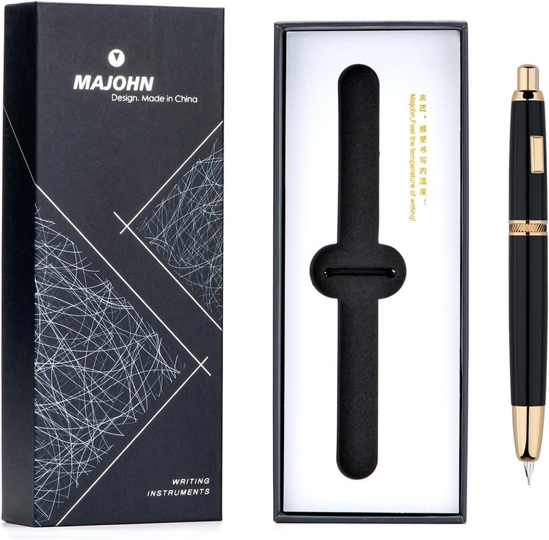 erofa Majohn A1 Press Fountain Pen Fine Nib with Converter, Retractable Black Golden Writing Set (No Clip Version) - Image 4